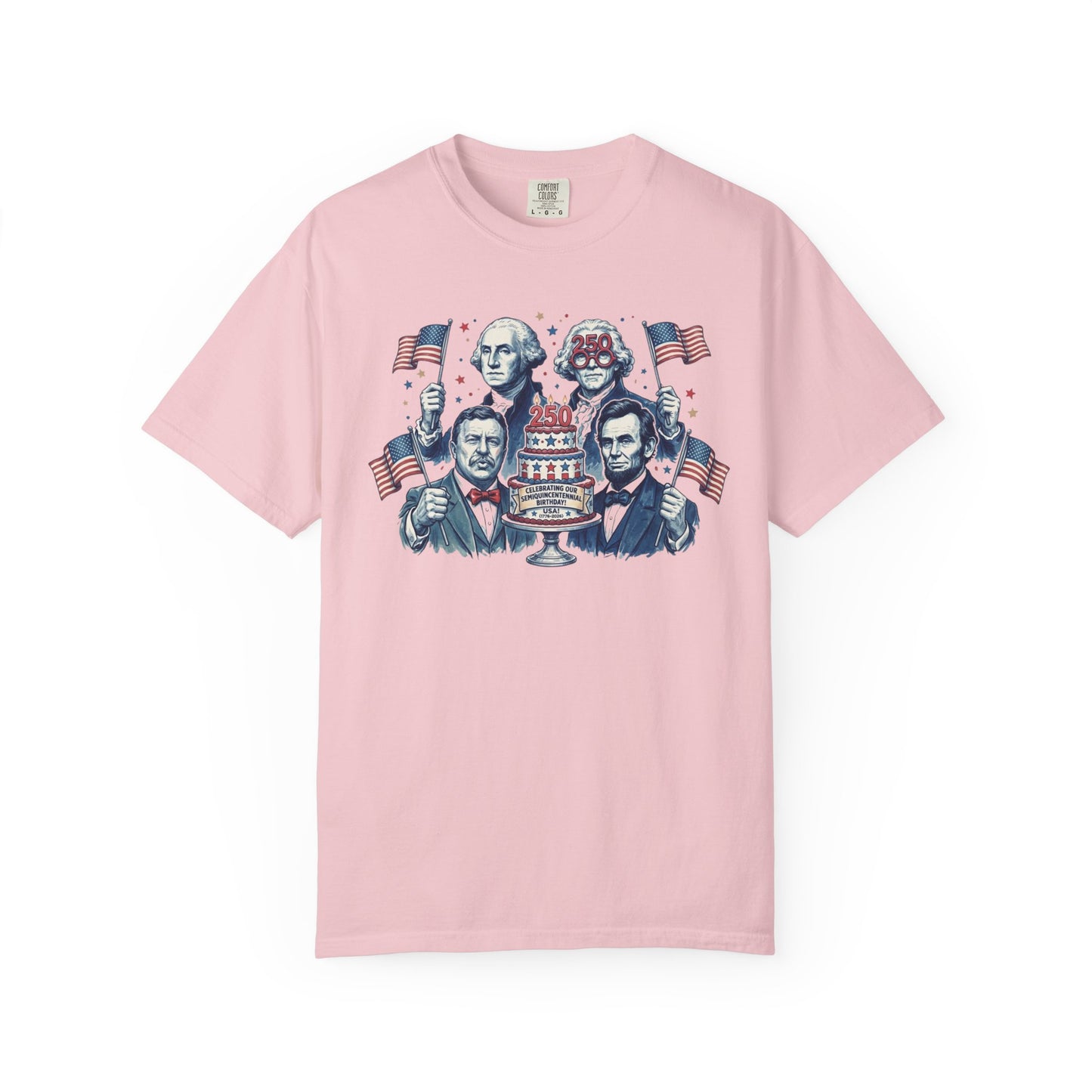 Founding Fathers Birthday Party T-Shirt in Blossom — America 250th anniversary patriotic graphic tee