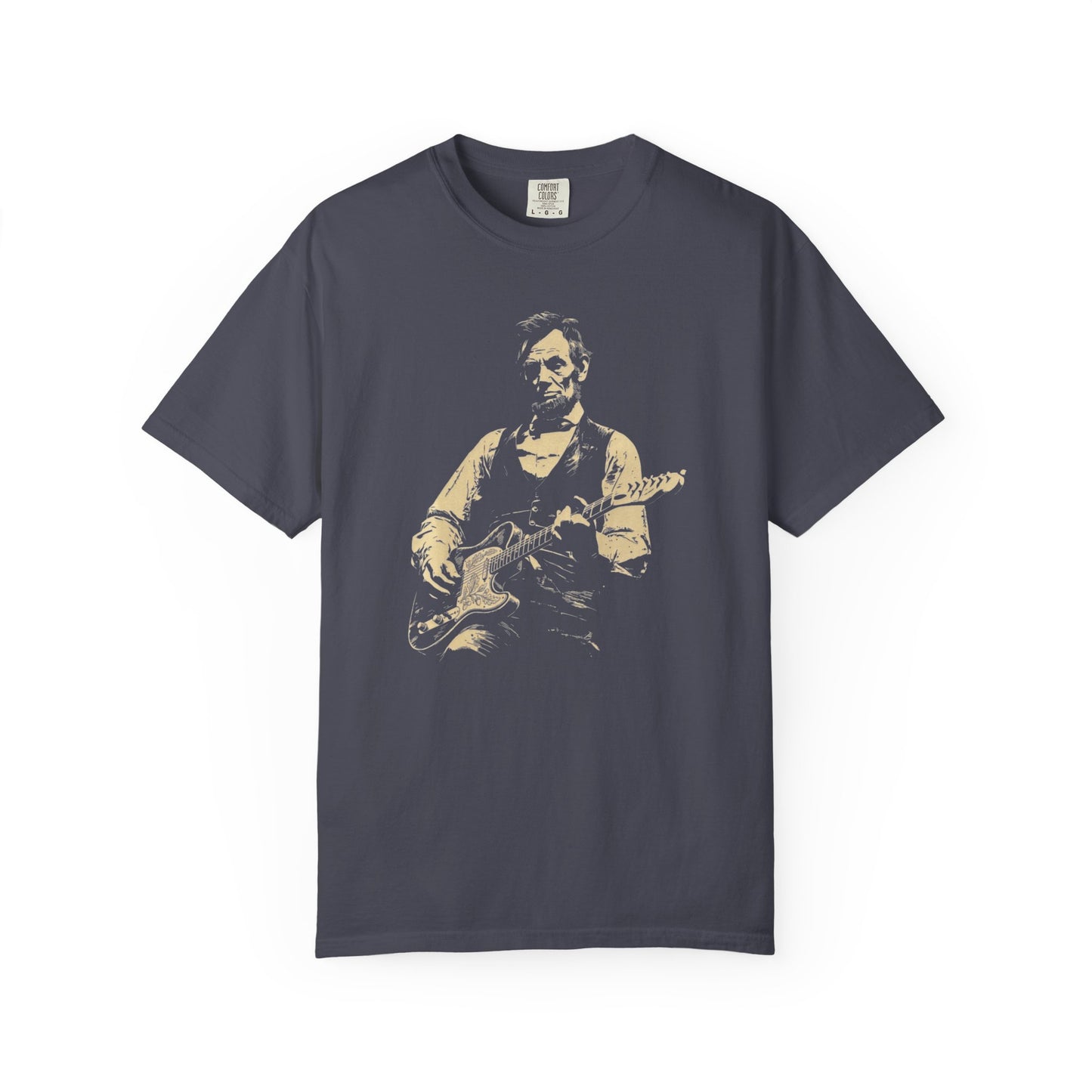 Navy blue t-shirt with a graphic of a president lincoln  playing guitar on a white background