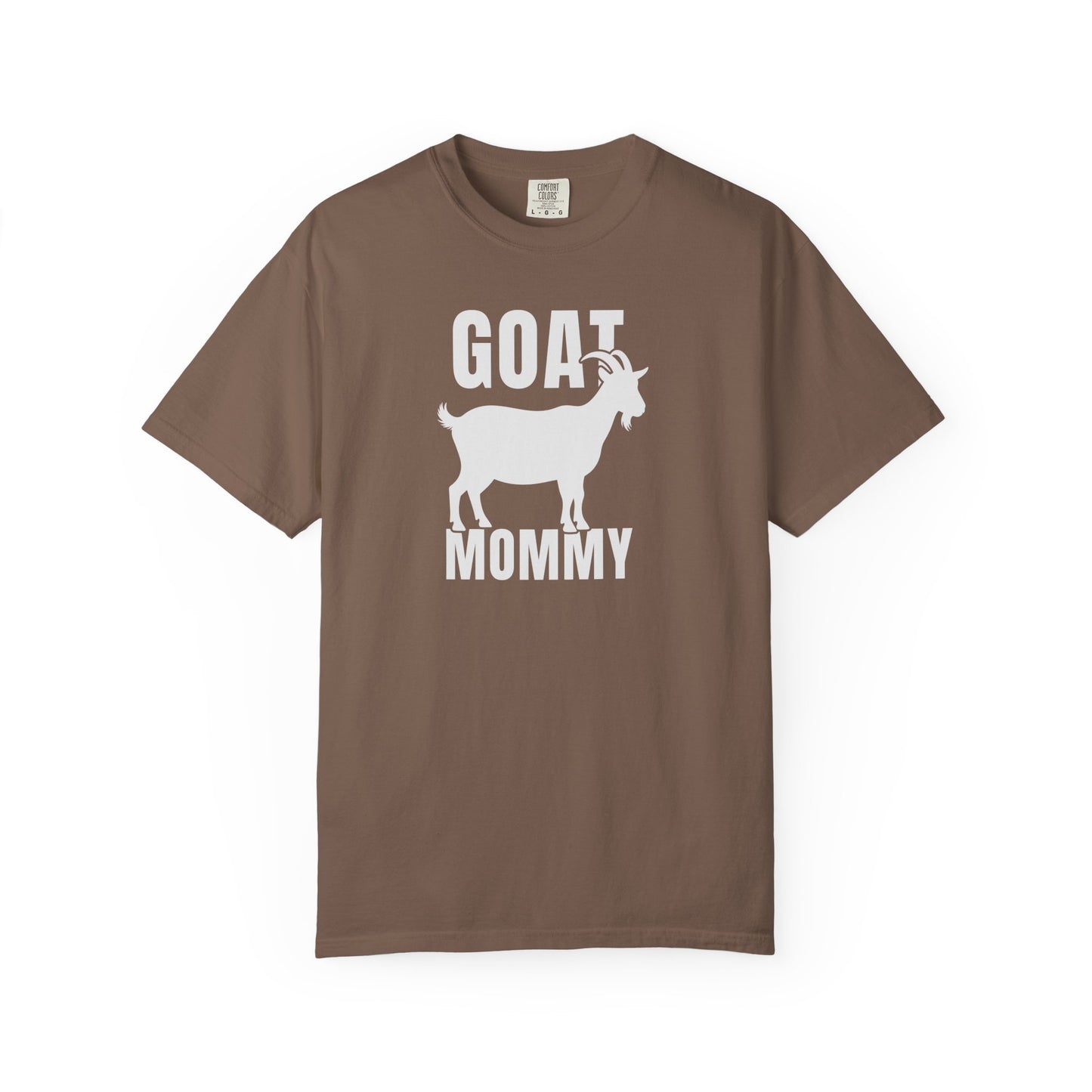 Goat Mommy funny goat mom graphic tee in Espresso— Comfort Colors garment-dyed farm mom shirt