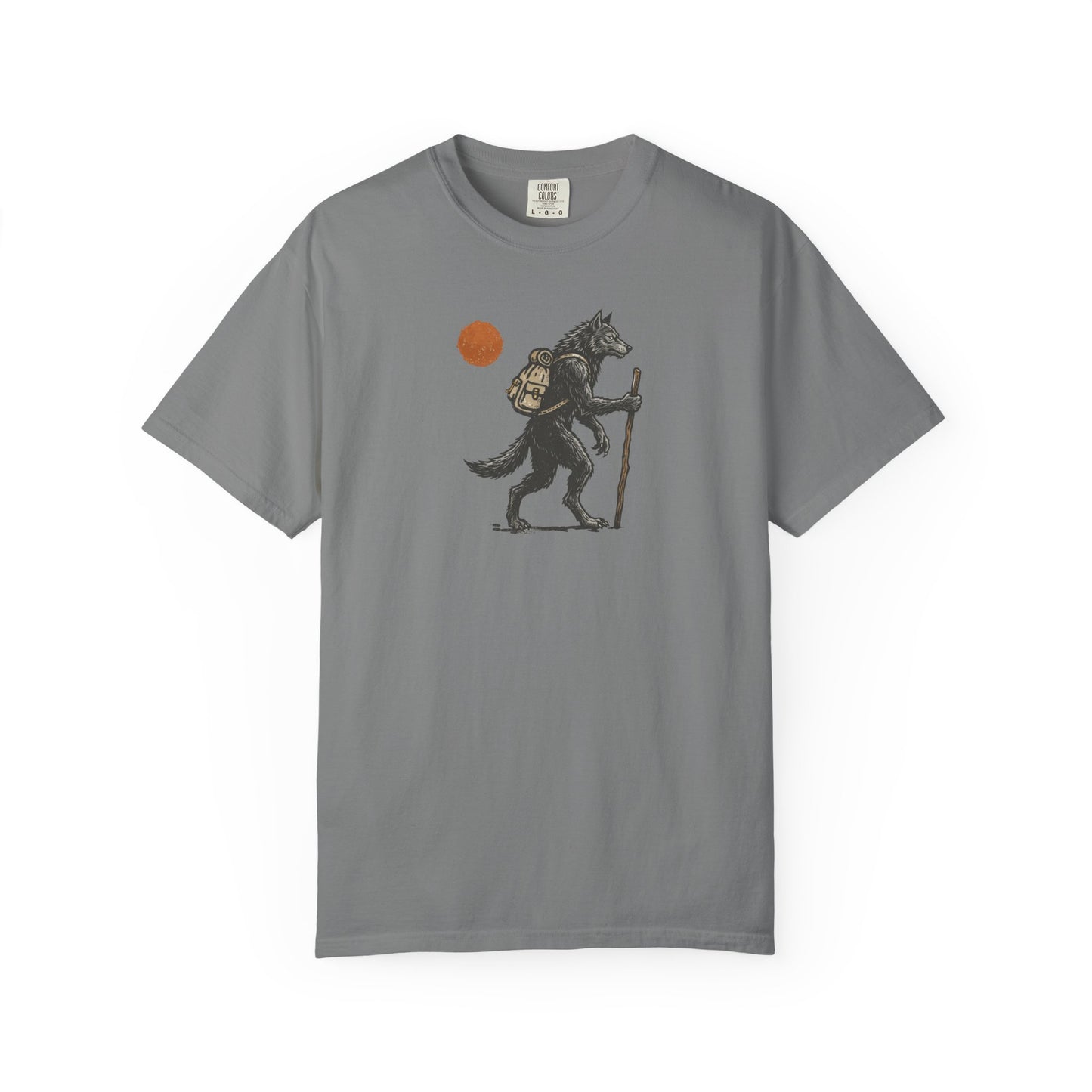 Hiking Wolf graphic t-shirt in Grey — werewolf with backpack and walking stick print on garment-dyed heavyweight cotton tee.