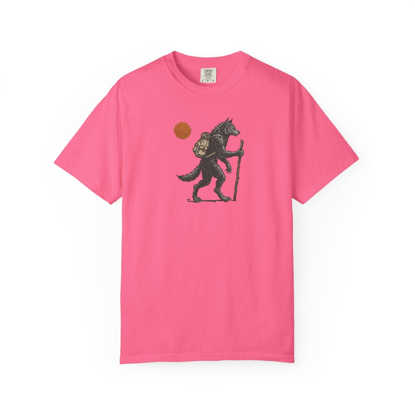 Hiking Wolf graphic t-shirt in Crunchberry — werewolf with backpack and walking stick print on garment-dyed heavyweight cotton tee.