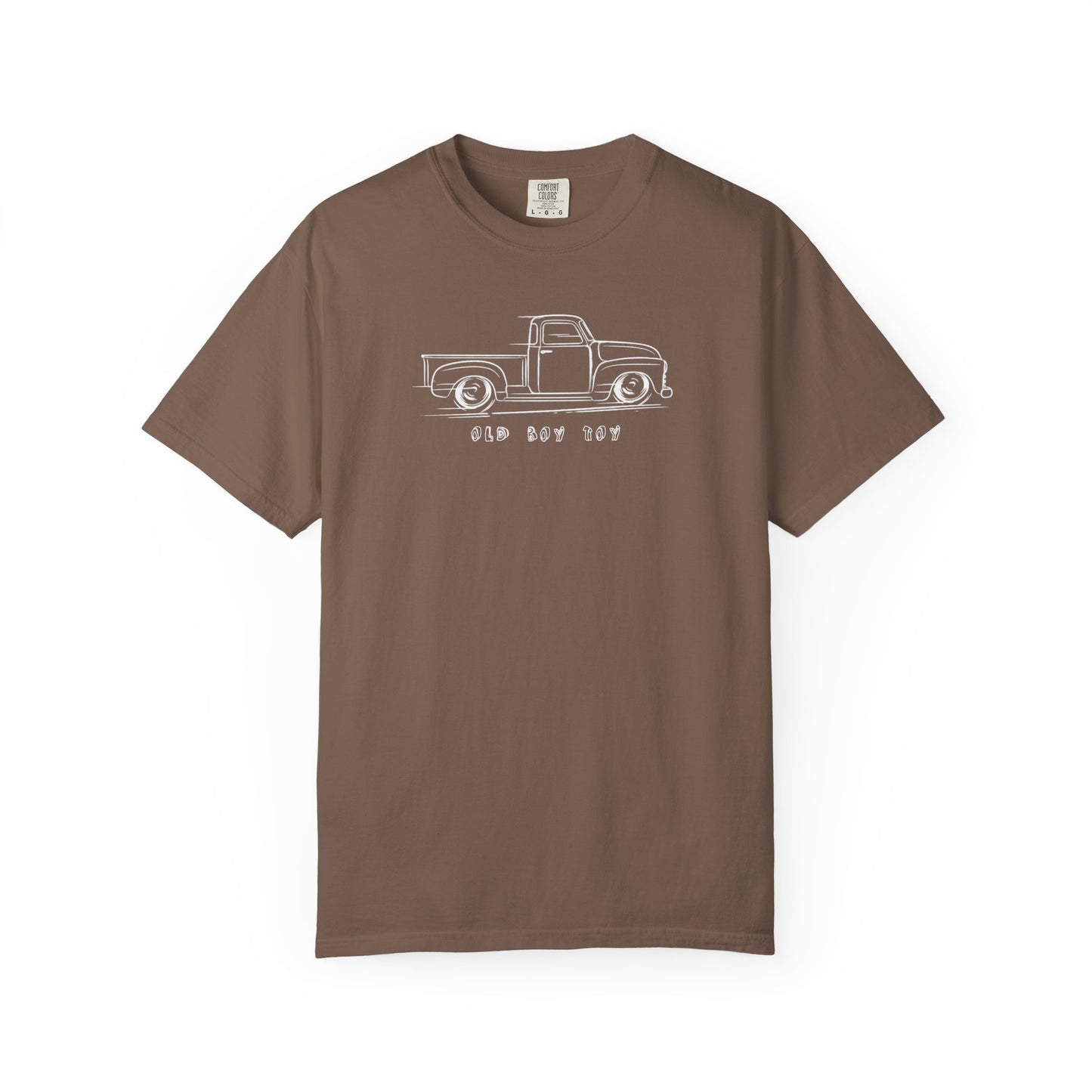 espresso t-shirt with graphic of a vintage truck text  says old boy toy on a white background