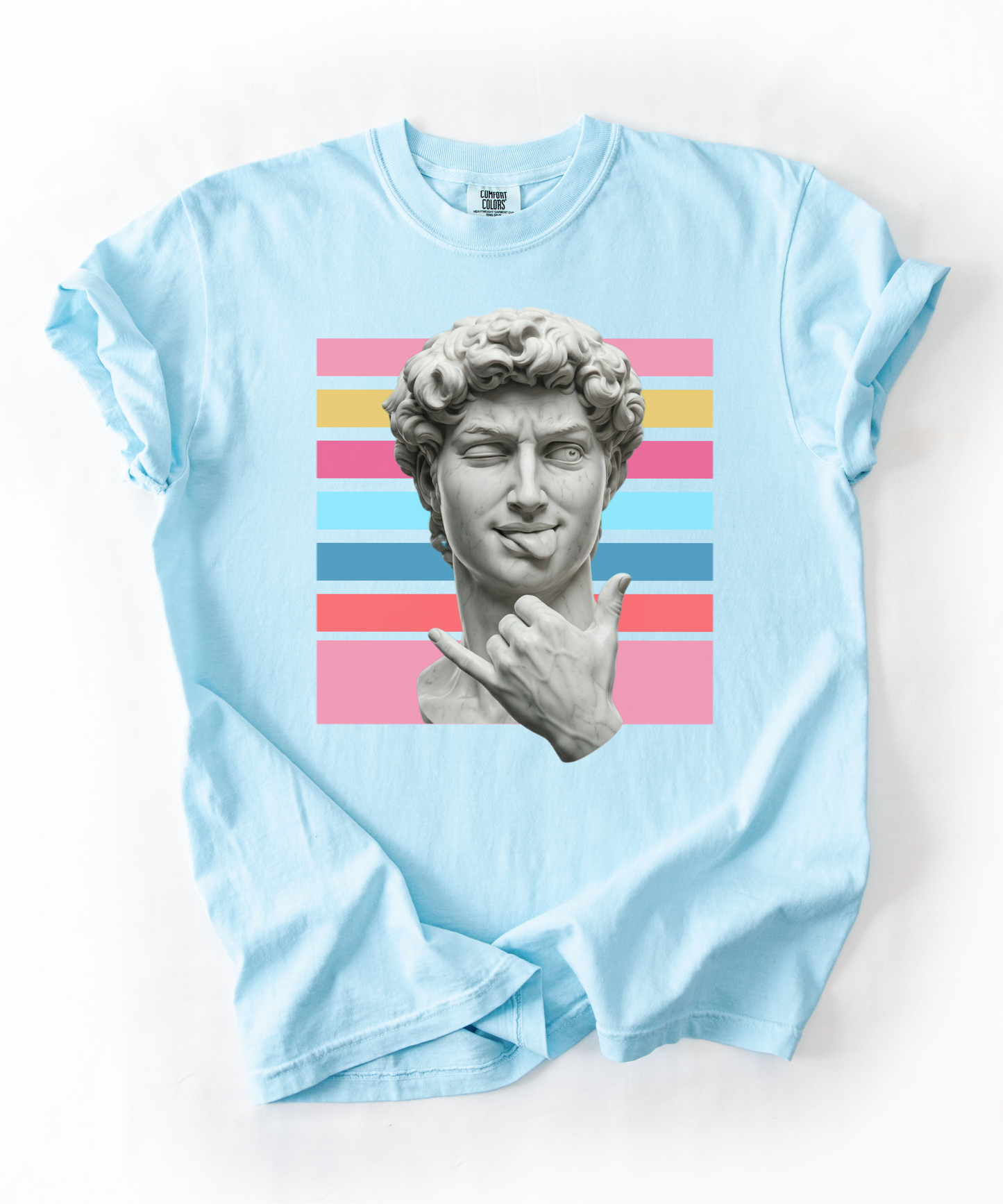 Winking David Statue Graphic T-Shirt — Retro Art Tee with Color Stripe