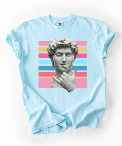 Winking David Statue Graphic T-Shirt — Retro Art Tee with Color Stripe