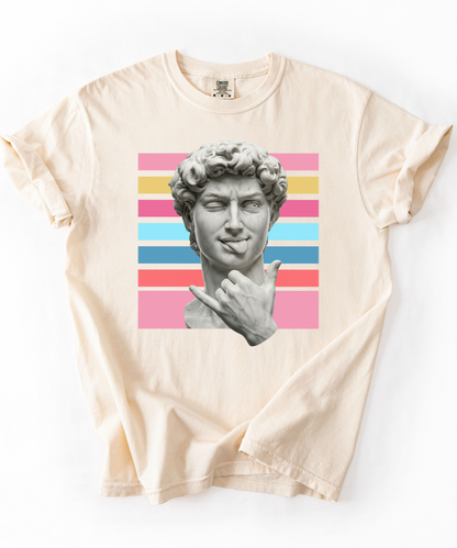 Winking David Statue Graphic T-Shirt — Retro Art Tee with Color Stripe