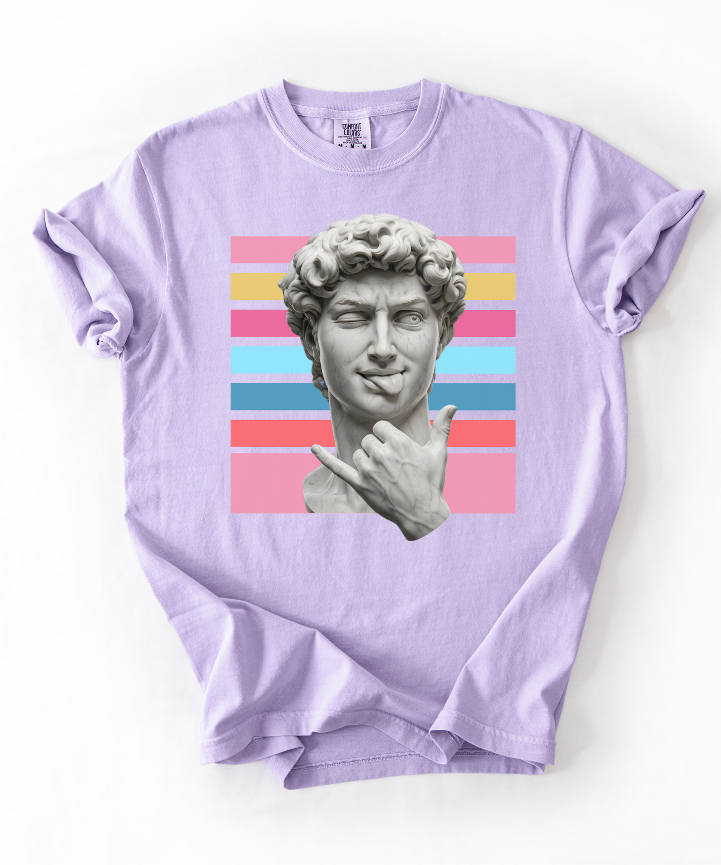 Winking David Statue Graphic T-Shirt — Retro Art Tee with Color Stripe