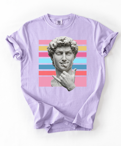 Winking David Statue Graphic T-Shirt — Retro Art Tee with Color Stripe
