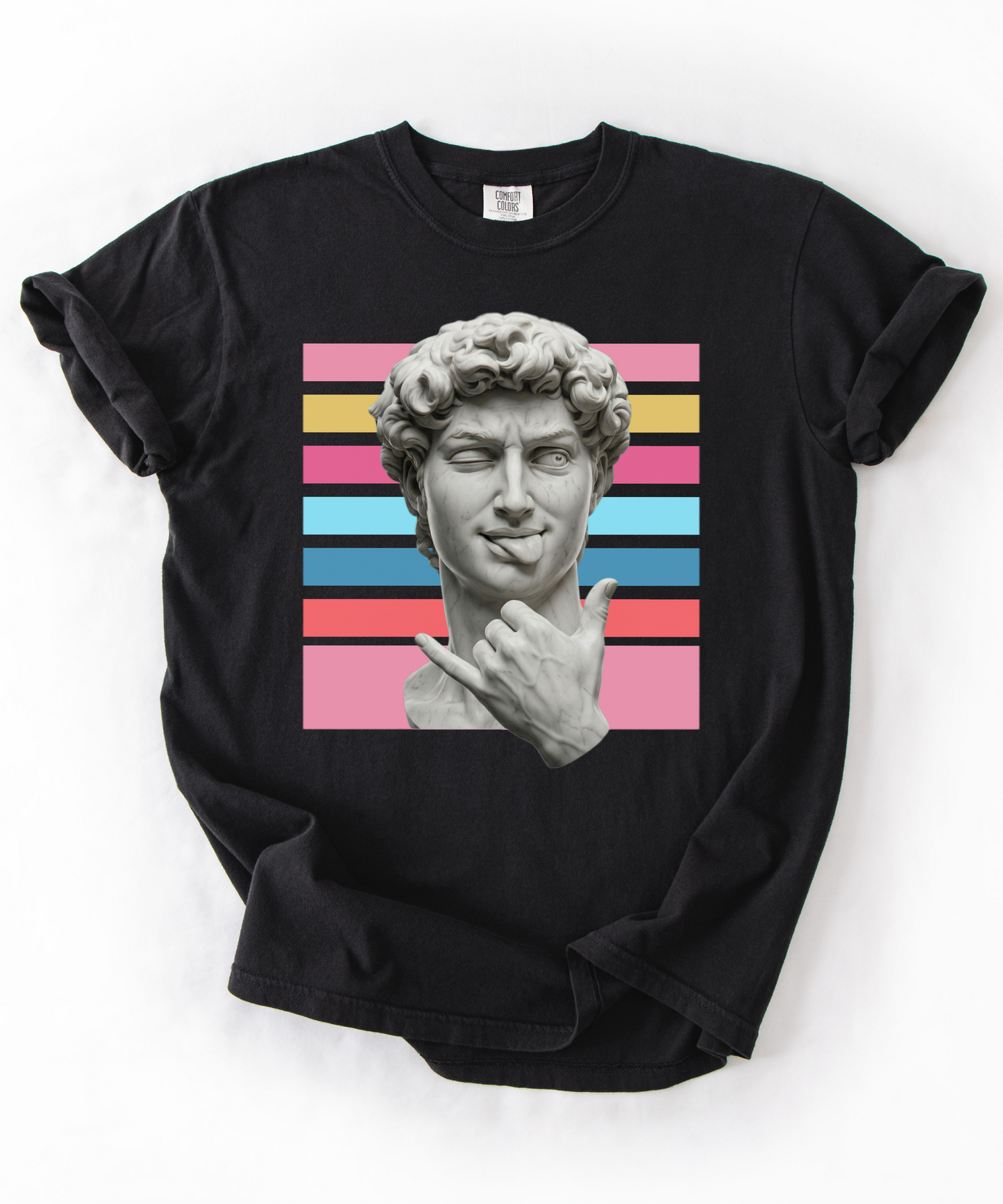 Winking David Statue Graphic T-Shirt — Retro Art Tee with Color Stripe