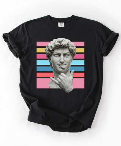 Winking David Statue Graphic T-Shirt — Retro Art Tee with Color Stripe
