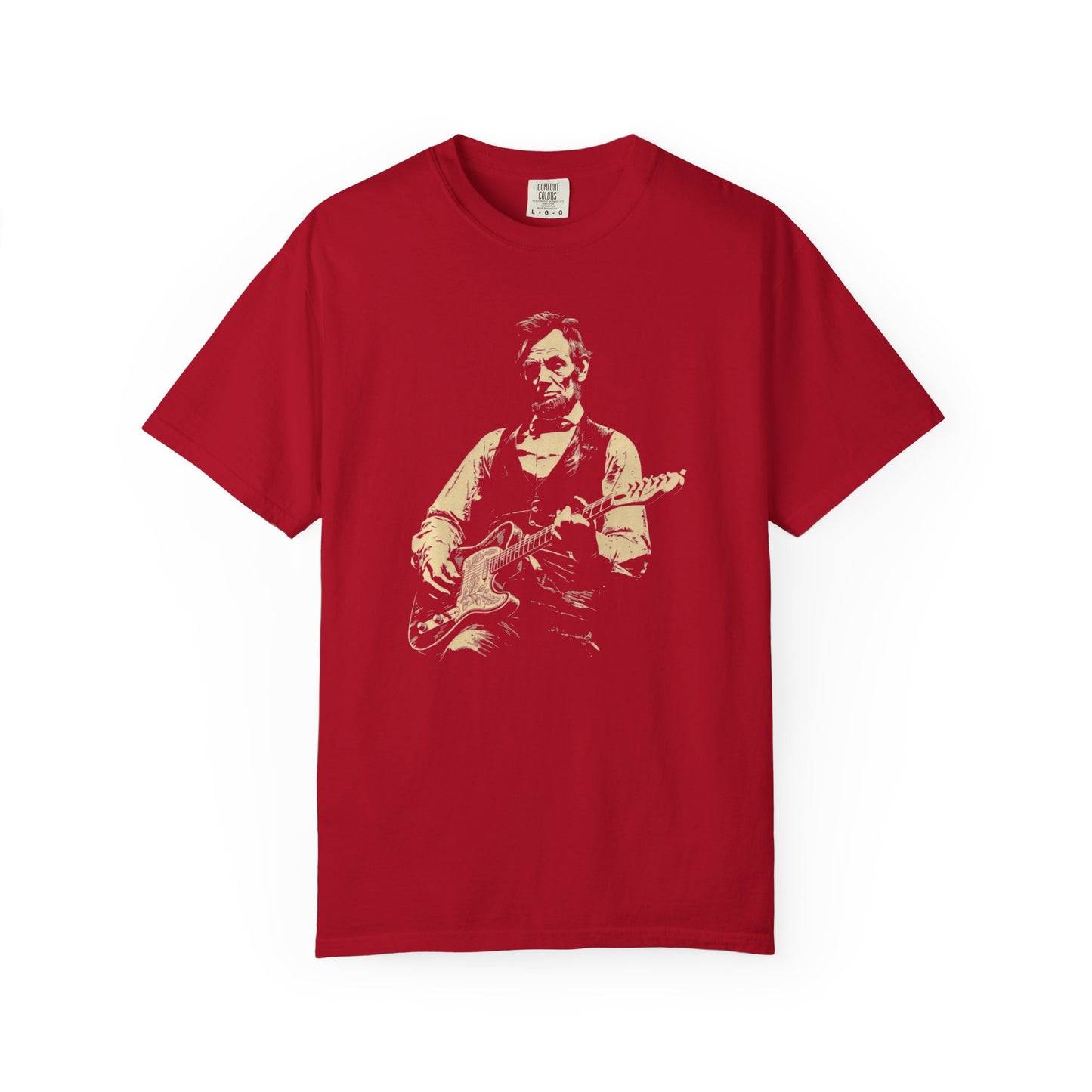 red t-shirt with a graphic of a president lincoln  playing guitar on a white background