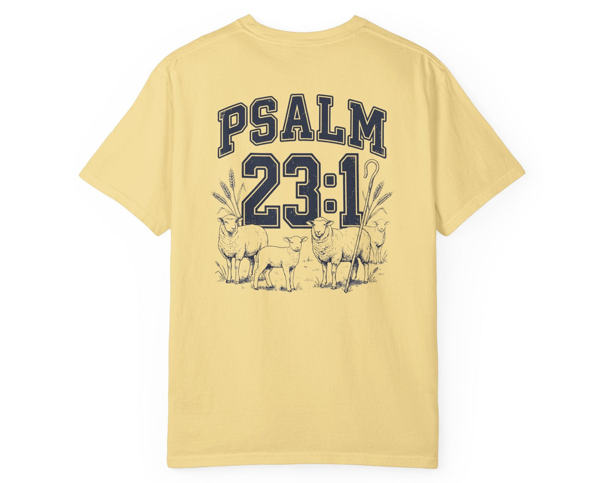 Butter Psalm 23:1 faith shirt with shepherd graphic design and scripture text shown on model