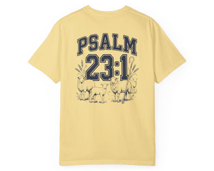 Butter Psalm 23:1 faith shirt with shepherd graphic design and scripture text shown on model