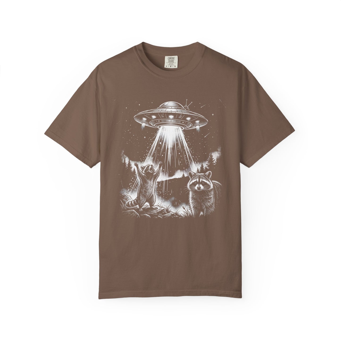 espresso  t-shirt with a graphic of ufo and raccoons on a white background