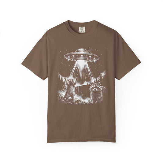 espresso  t-shirt with a graphic of ufo and raccoons on a white background