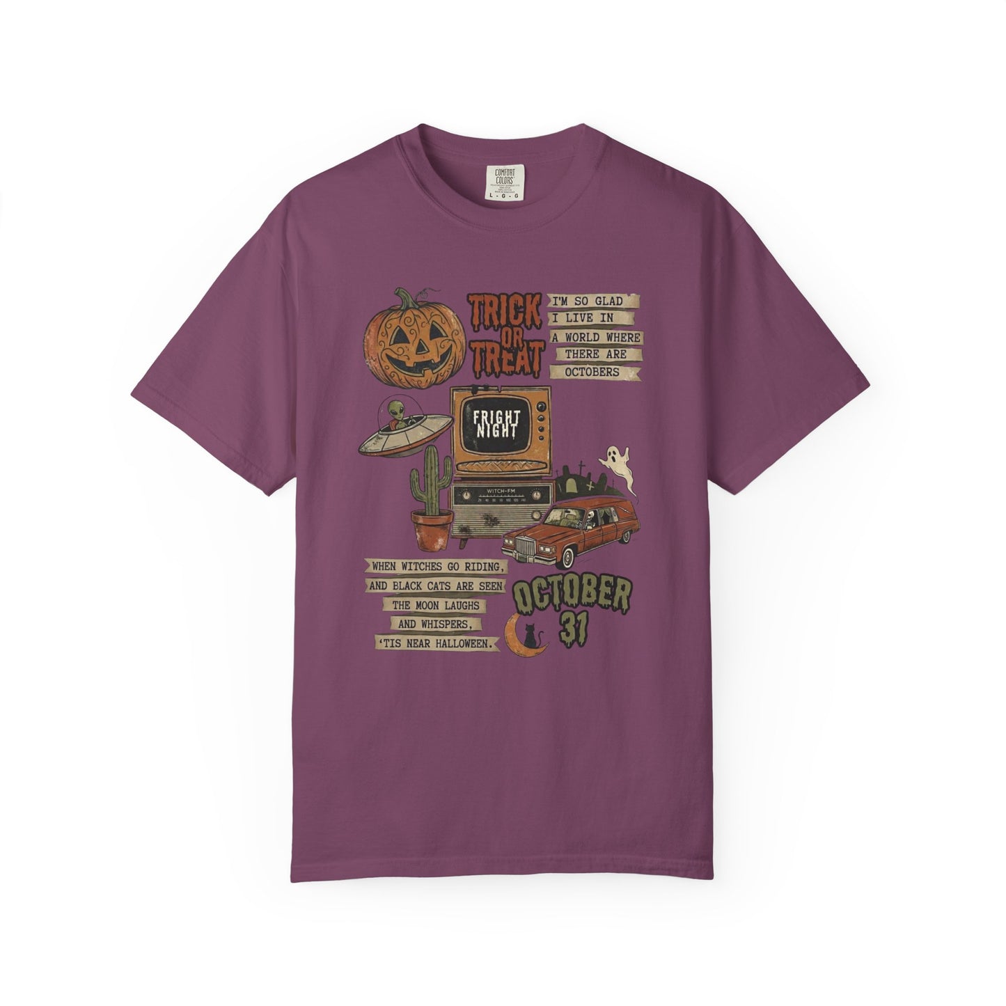 Halloween Retro Graphic T-Shirt in Berry— vintage trick or treat collage tee, garment dyed