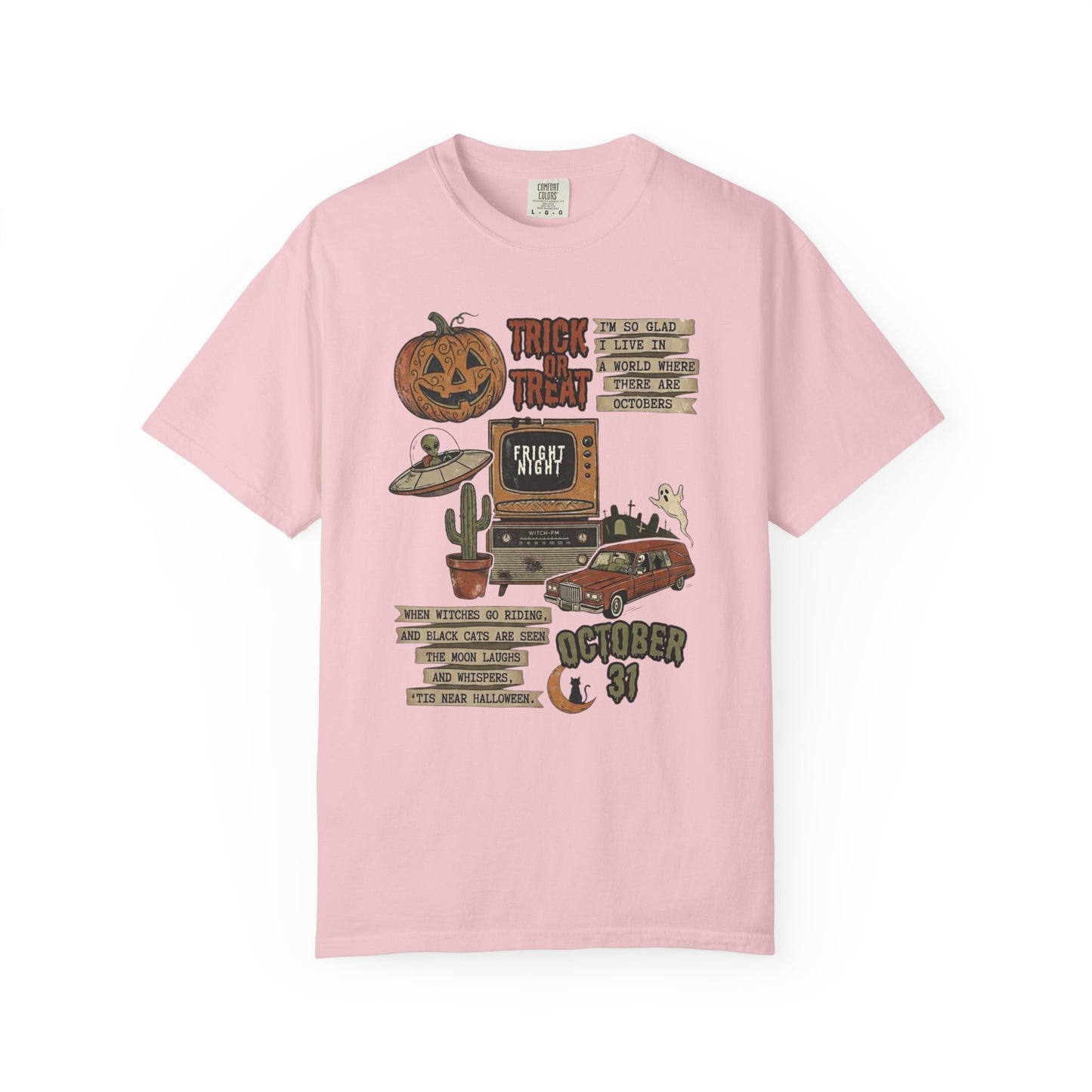 Halloween Retro Graphic T-Shirt in Blossom— vintage trick or treat collage tee, garment dyed