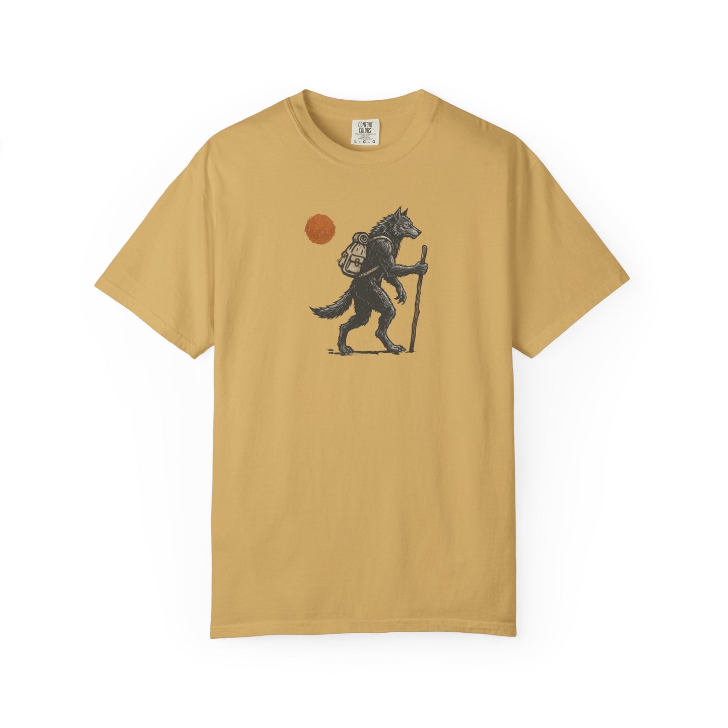 Hiking Wolf graphic t-shirt in Mustard — werewolf with backpack and walking stick print on garment-dyed heavyweight cotton tee.