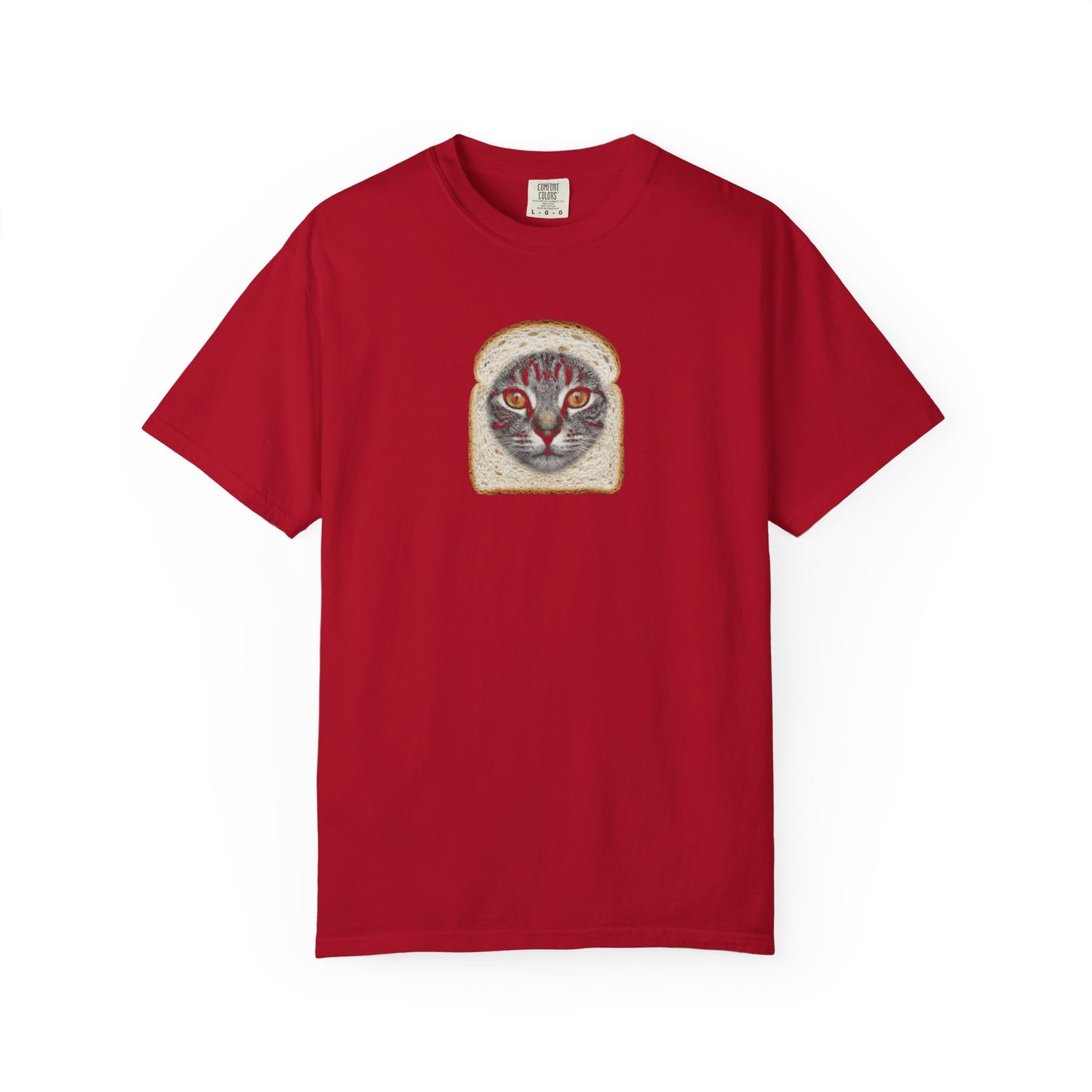 red t-shirt with graphic of cat sticking out a bread loaf on a white background