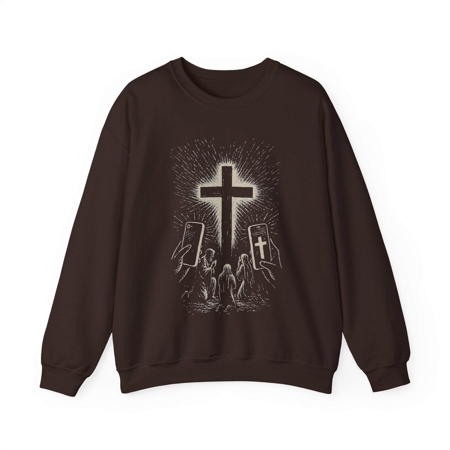 Person wearing a chocolate sweatshirt with a graphic design of hands holding smartphones with crosses on the screens.

