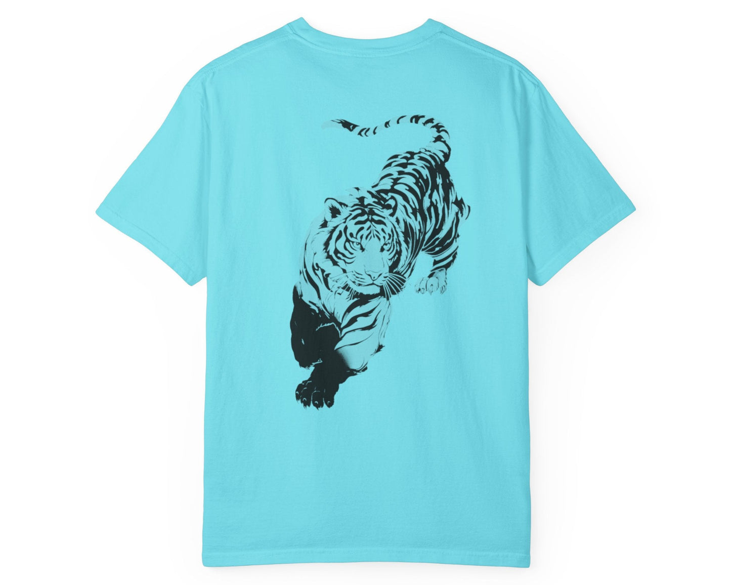 Tiger claw mark front and stalking tiger back graphic tee in LAGOON BLUE, heavyweight garment-dyed cotton