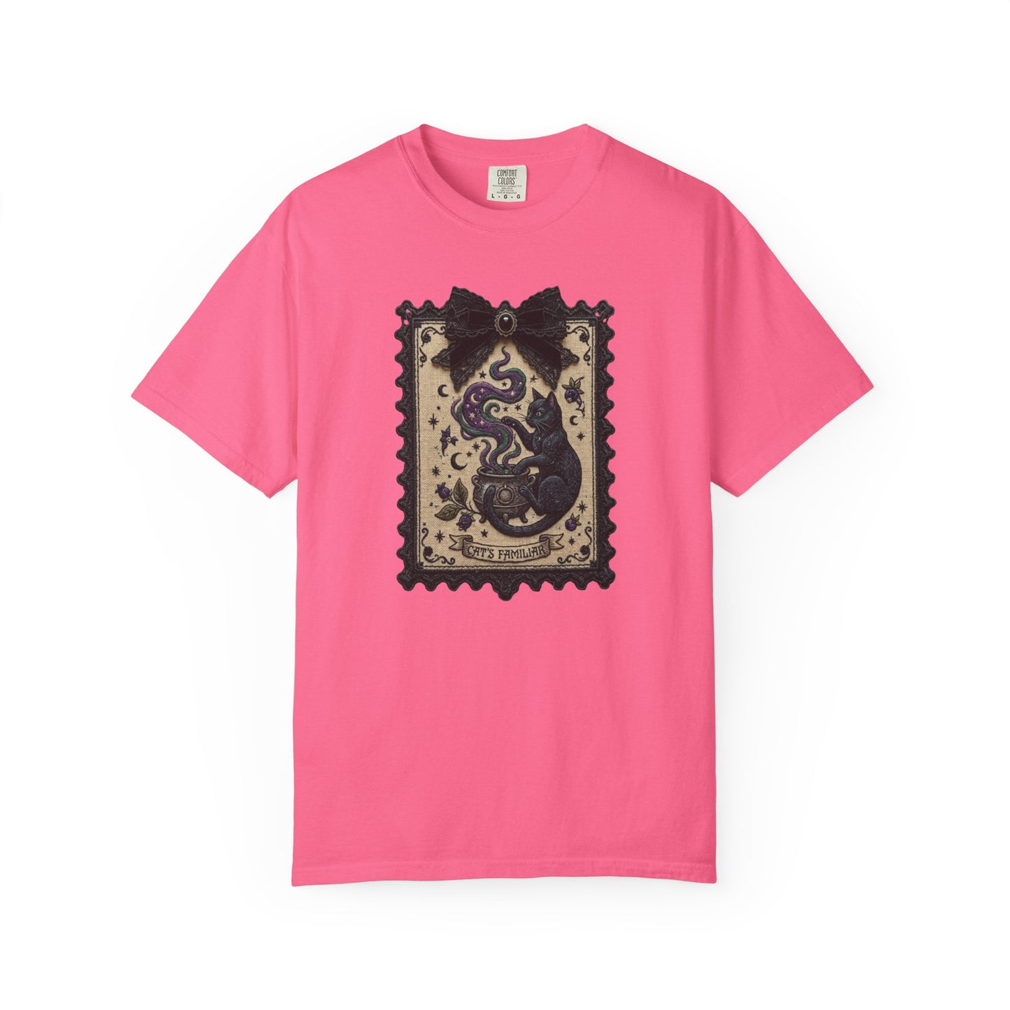 Vintage Black Cat Faux Tarot Stamp T-Shirt in Crunchberry — faux tarot stamp print, soft garment dyed tee