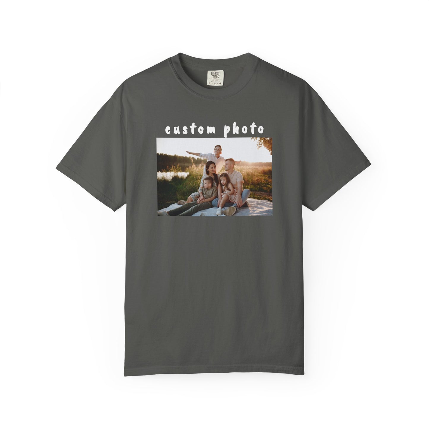 pepper t-shirt with a printed photo of a family by a lake on a white background