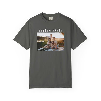 pepper t-shirt with a printed photo of a family by a lake on a white background