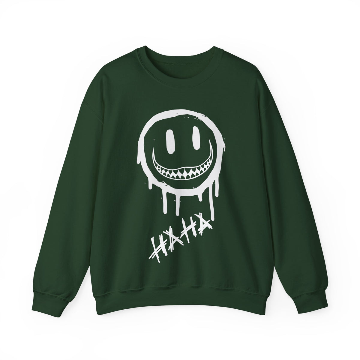 A crewneck sweatshirt in Forest Green with a white dripping smiley face graphic and the word 'HAHA' printed on the front, displayed against a plain white background.