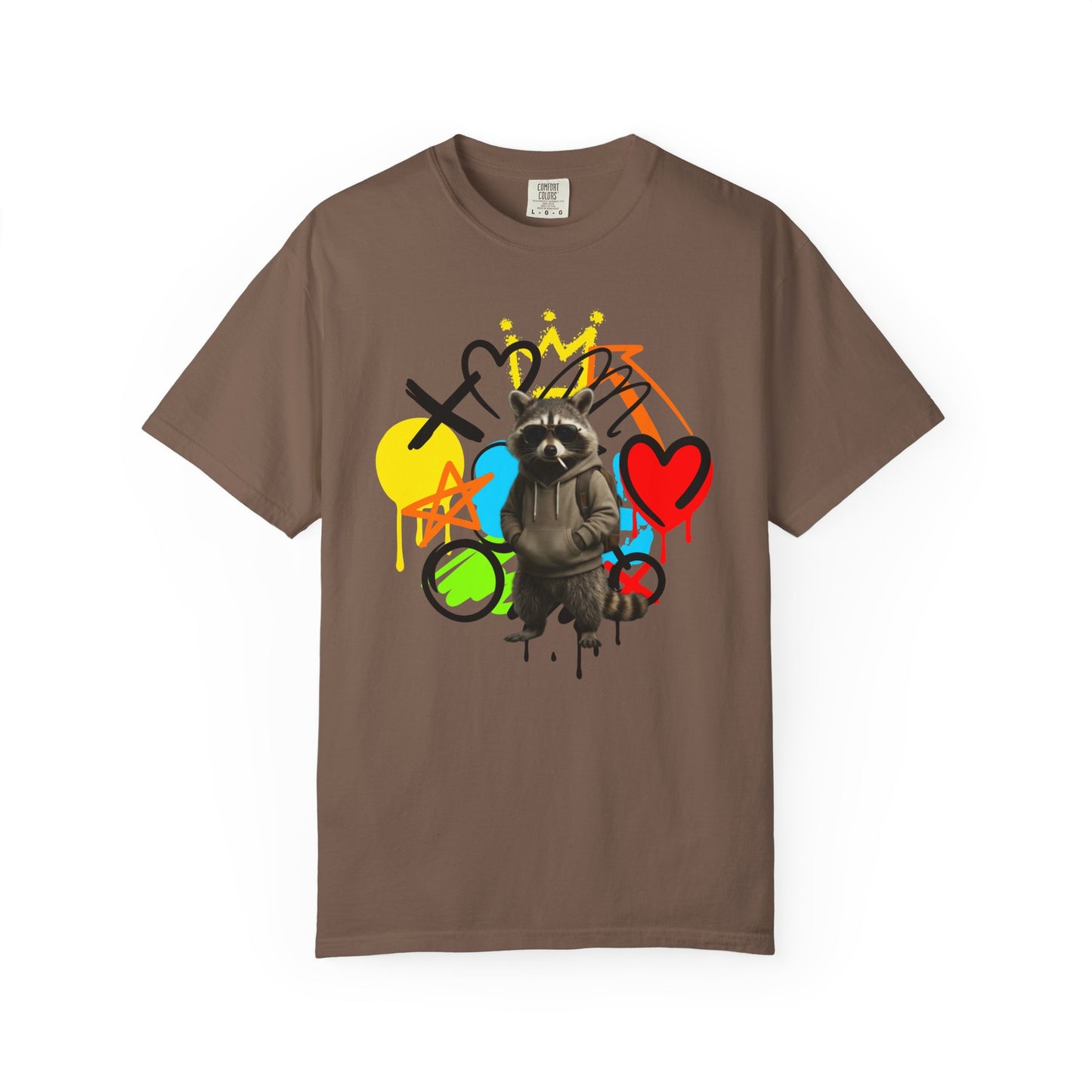 Graffiti Raccoon T-Shirt — Street Art Graphic Tee with Heart & Crown