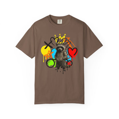 Graffiti Raccoon T-Shirt — Street Art Graphic Tee with Heart & Crown