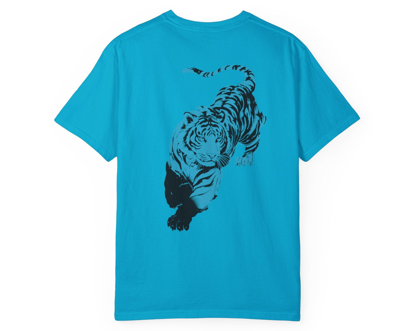 Tiger claw mark front and stalking tiger back graphic tee in SAPPHIRE, heavyweight garment-dyed cotton