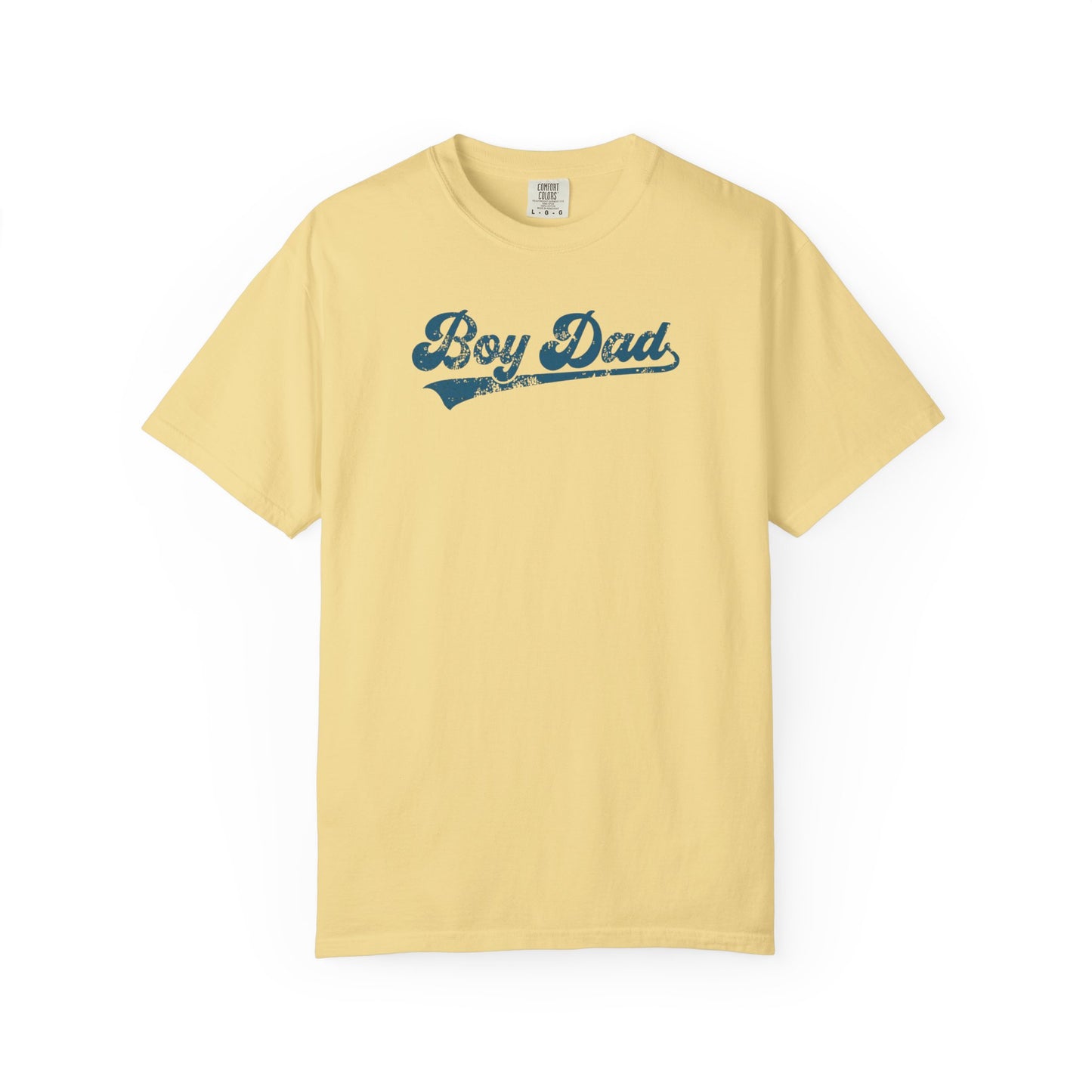 butter t-shirt with 'Boy Dad' text on a white background