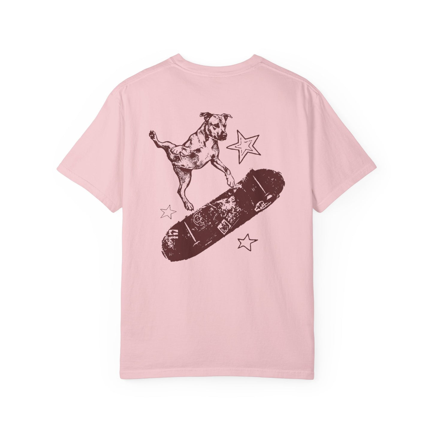 blossom t-shirt with a graphic of a dog on a skateboard and stars on a white background