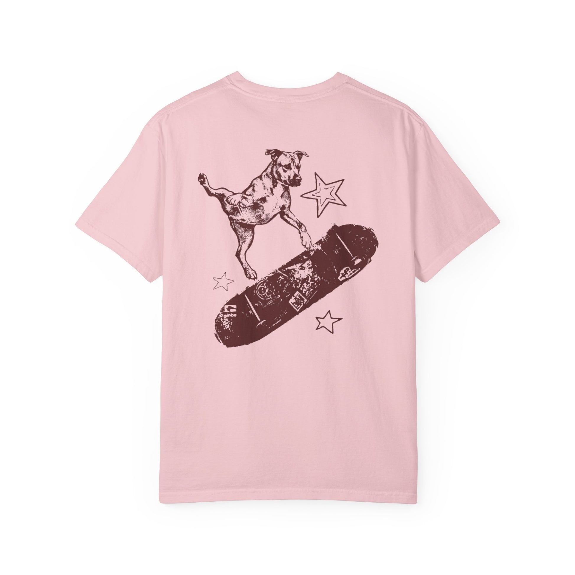 blossom t-shirt with a graphic of a dog on a skateboard and stars on a white background