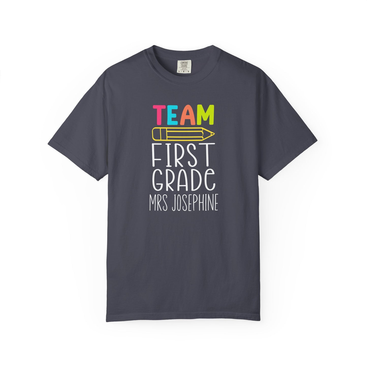 Navy blue t-shirt with 'Team First Grade Mrs Josephine' text on a white background