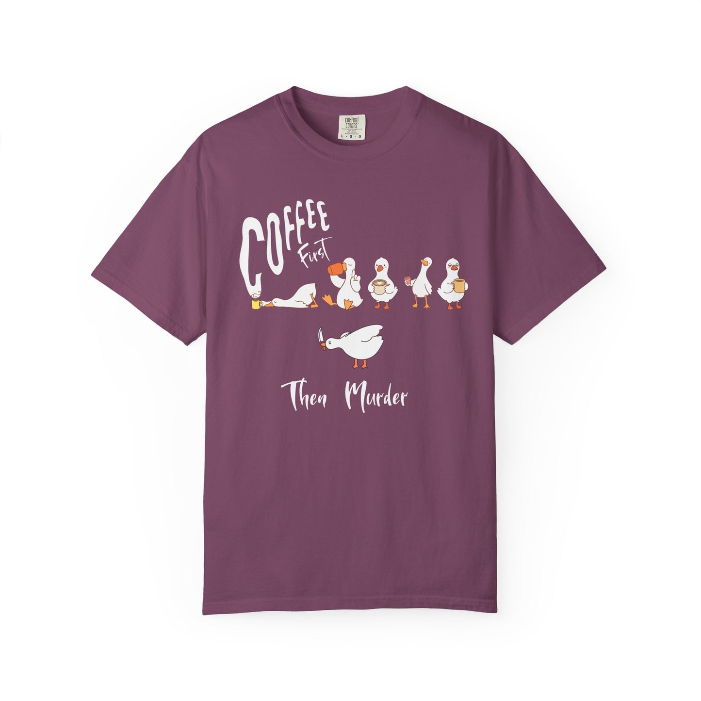 Silly Goose Coffee First t-shirt in Berry — garment-dyed heavyweight cotton tee
