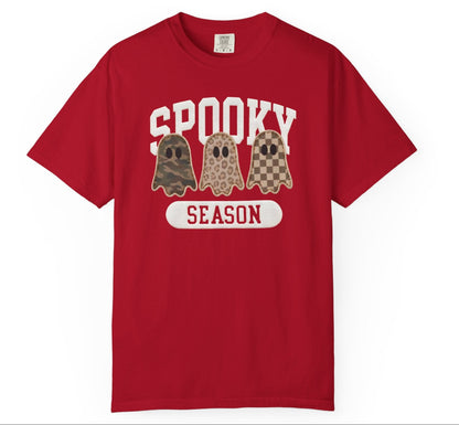Spooky Season graphic tee in red — cute ghost faux patchwork print, garment dyed heavyweight cotton