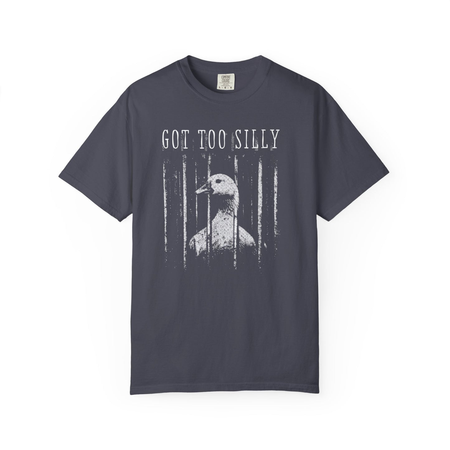 Navy t-shirt with a graphic of a goose and text 'GOT TOO SILLY' on a light gray background