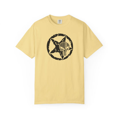 butter t-shirt with white star and circle design on front, and Punisher skull design on back