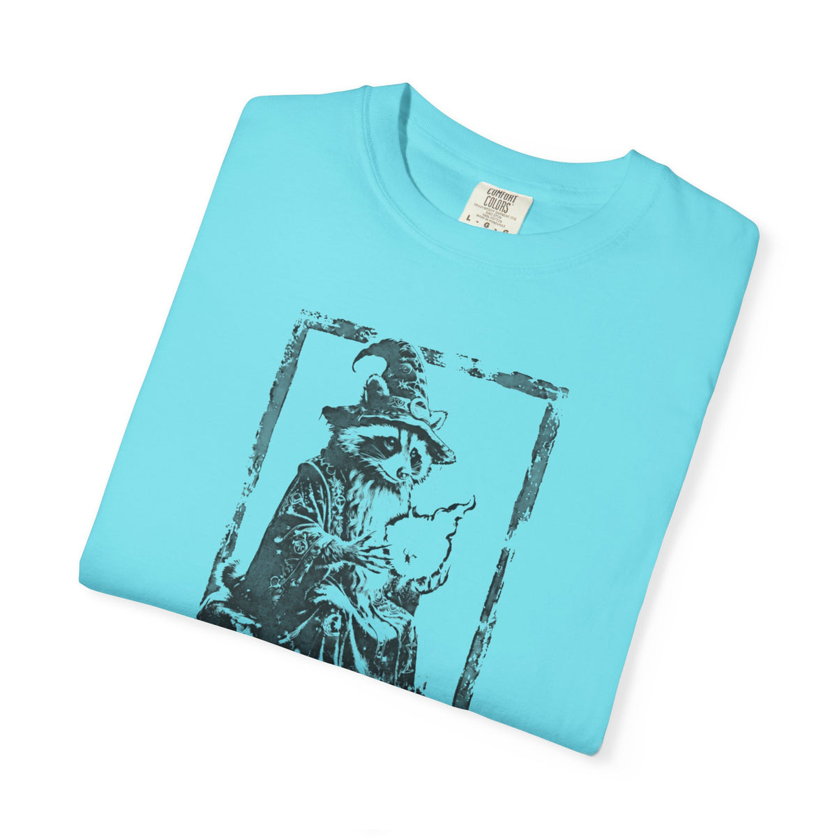 Funny wizard raccoon graphic tee in Lagoon Blue, vintage engraving style with "You're a Wizard Harry" text