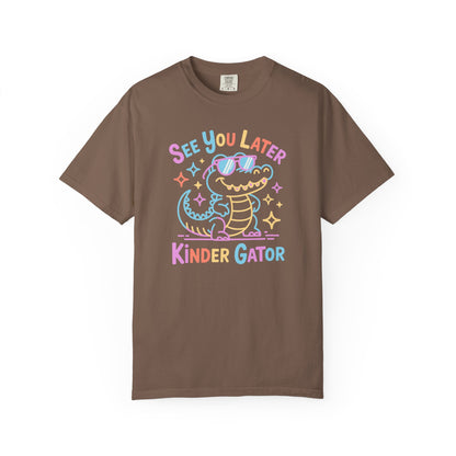 espresso t-shirt with colorful graphic and text 'See You Later Kinder Gator' on a white background
