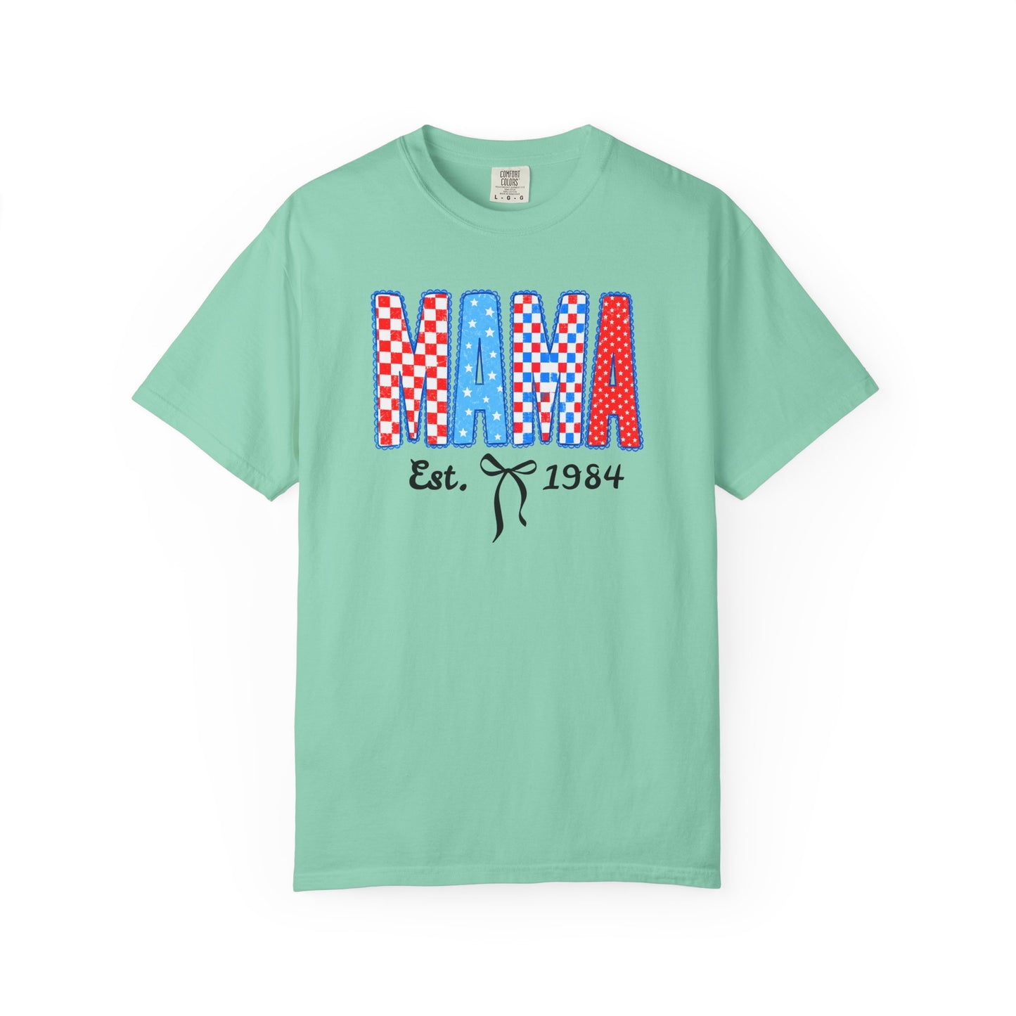 Mama Est. 1984 patriotic graphic t-shirt island reef— garment-dyed unisex tee with checker MAMA print
