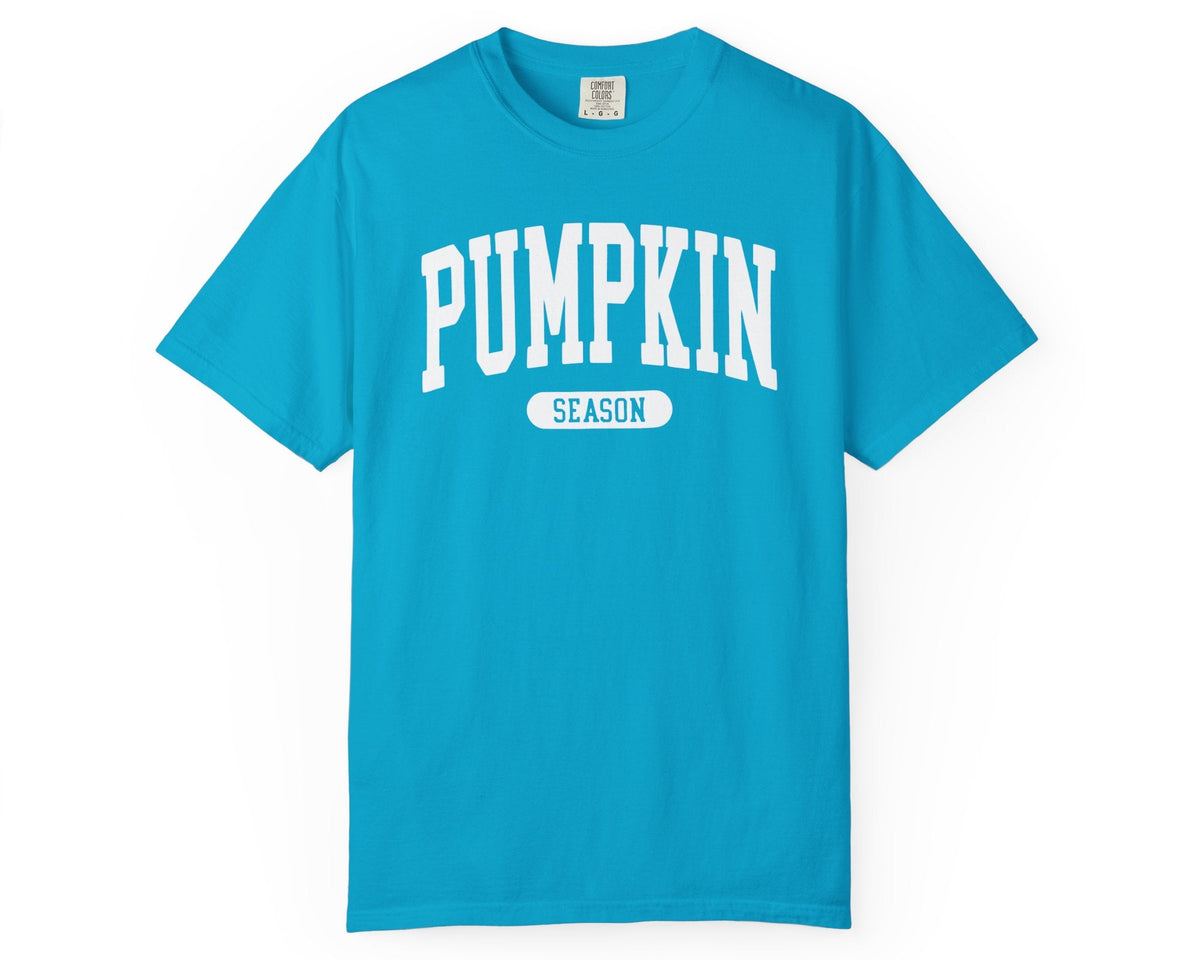 Pumpkin Season T-Shirt in Sapphire– garment-dyed graphic tee with collegiate lettering