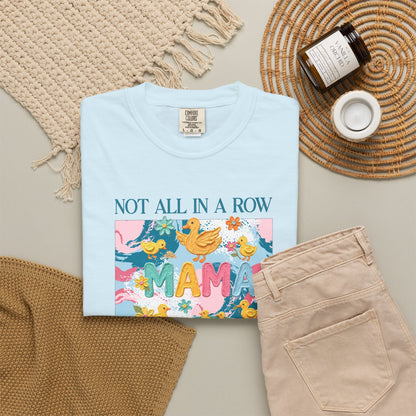 chambray "mama" t-shirt with colorful graphic design featuring ducks and text on a white background.