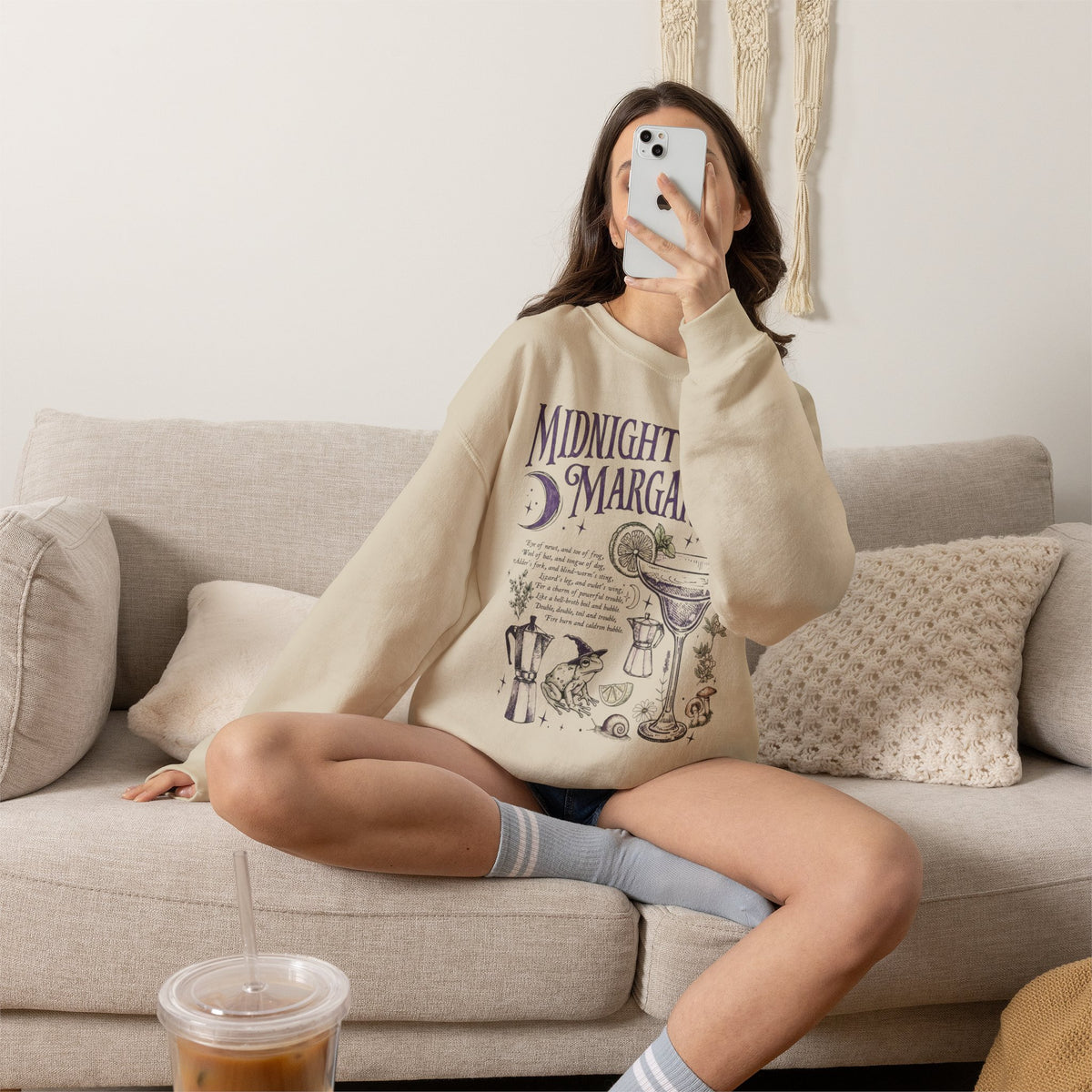 Midnight Margaritas crewneck sweatshirt in Sand — front cocktail graphic and occult cottagecore symbols on back, including COEXIST