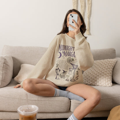 Midnight Margaritas crewneck sweatshirt in Sand — front cocktail graphic and occult cottagecore symbols on back, including COEXIST