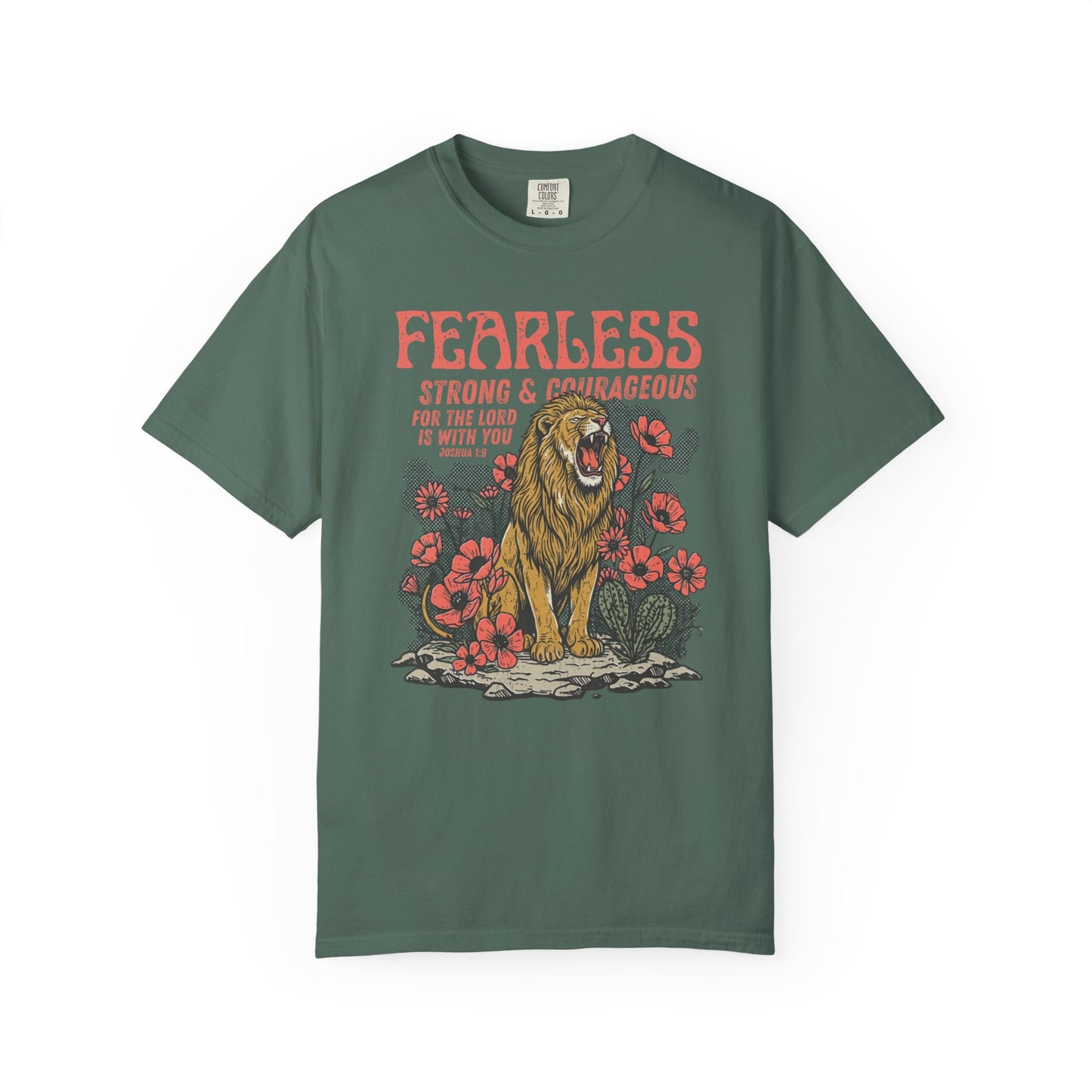 blue spruce t-shirt with a lion graphic and motivational text fearless strong and courageous on a white background