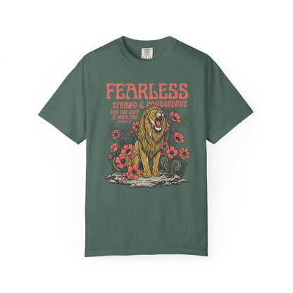 blue spruce t-shirt with a lion graphic and motivational text fearless strong and courageous on a white background