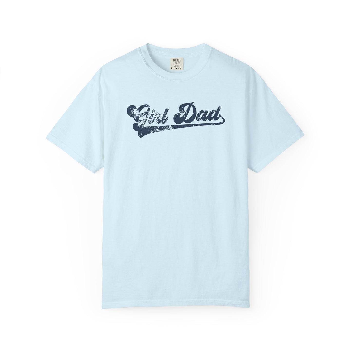 chambray  t-shirt with 'Girl Dad' text on a white background