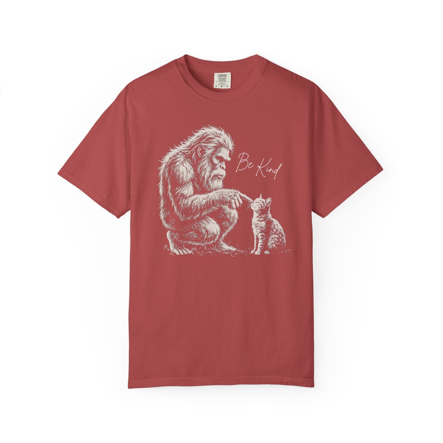 Be Kind Bigfoot & Kitten T-Shirt in Crimson — Sasquatch graphic tee for cat lovers